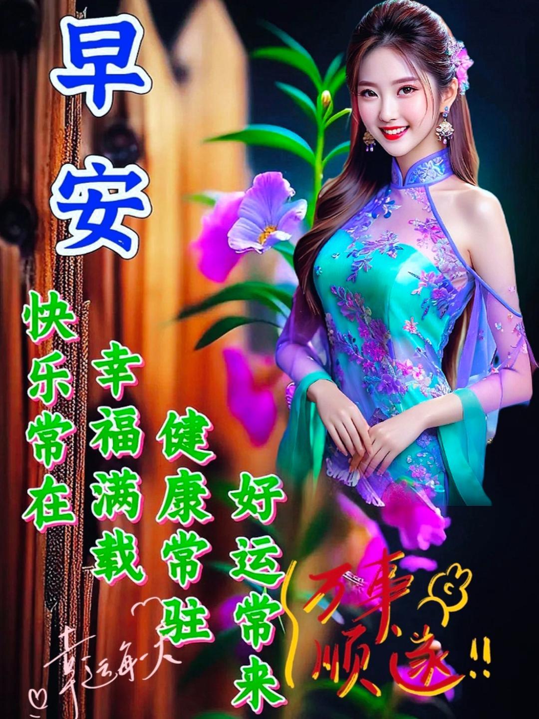 她旗袍上的花朵与木质背景上的文字,传递出满满的祝福与美好愿景.