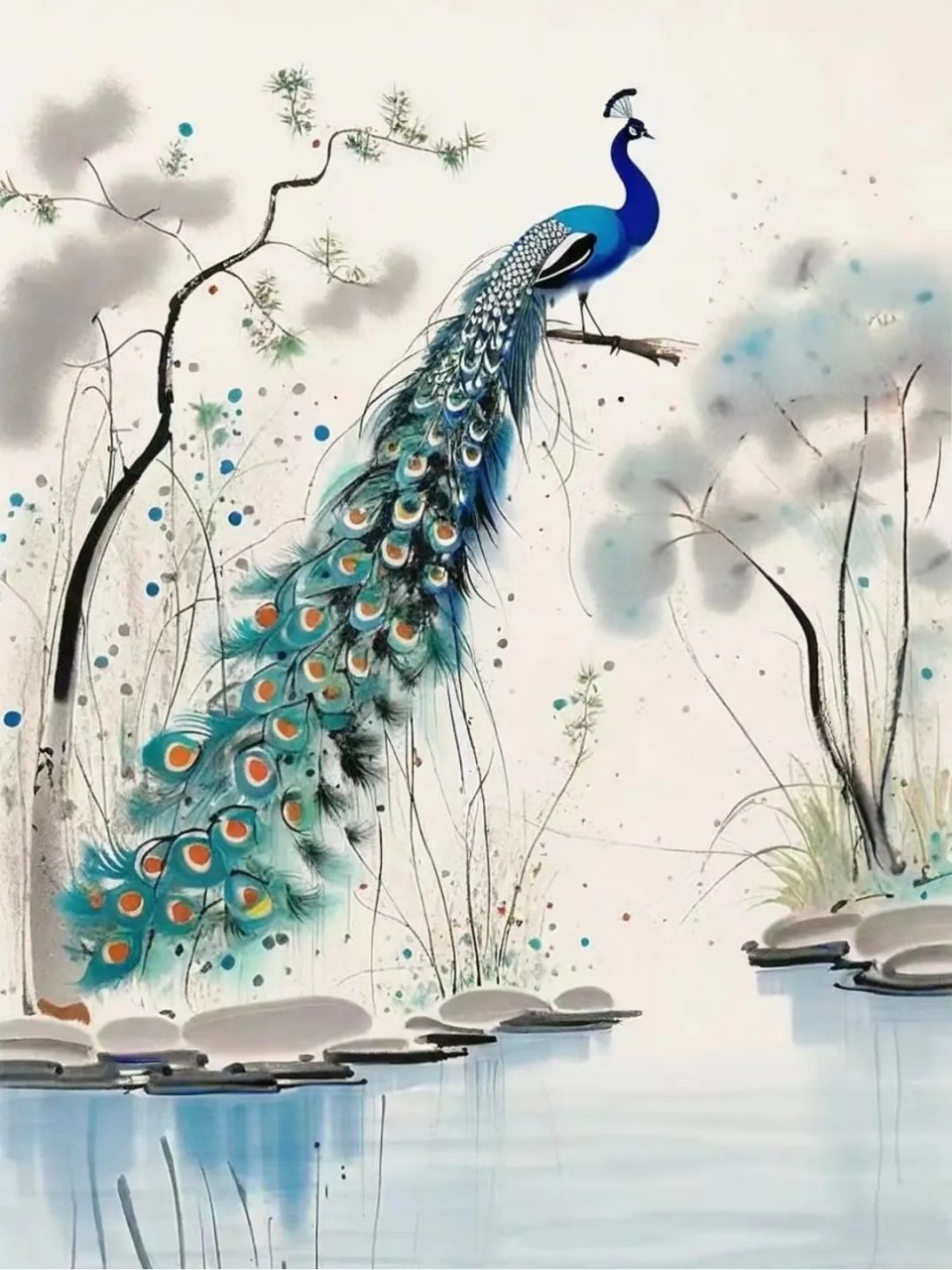 水墨孔雀 08孔雀水边舞,彩虹羽映水墨画96  今日偶得一画,画中的