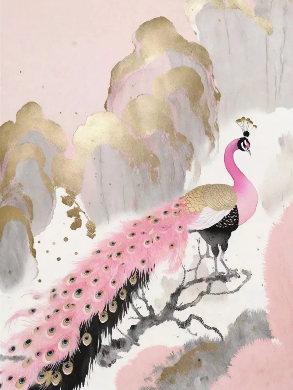 水墨孔雀 08孔雀水边舞,彩虹羽映水墨画96  今日偶得一画,画中的