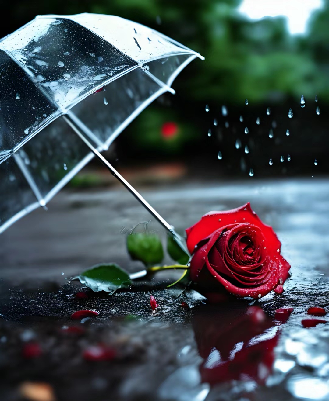 一场细雨,一把透明雨伞,一朵娇艳的红玫瑰,构成了这个雨天的浪漫画卷
