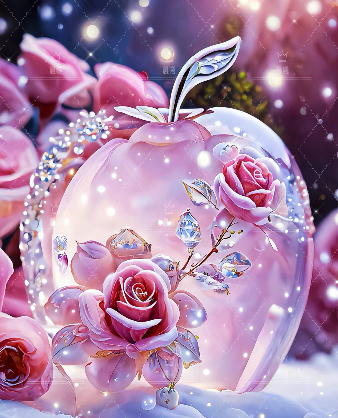 眼前这颗苹果,宛如一个透明的水晶球,藏着粉色的玫瑰和闪耀的宝石