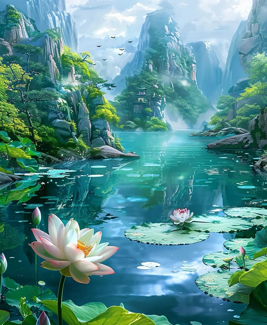一幅中国风的莲花池插画,仿佛带我走进了清新脱俗的仙境