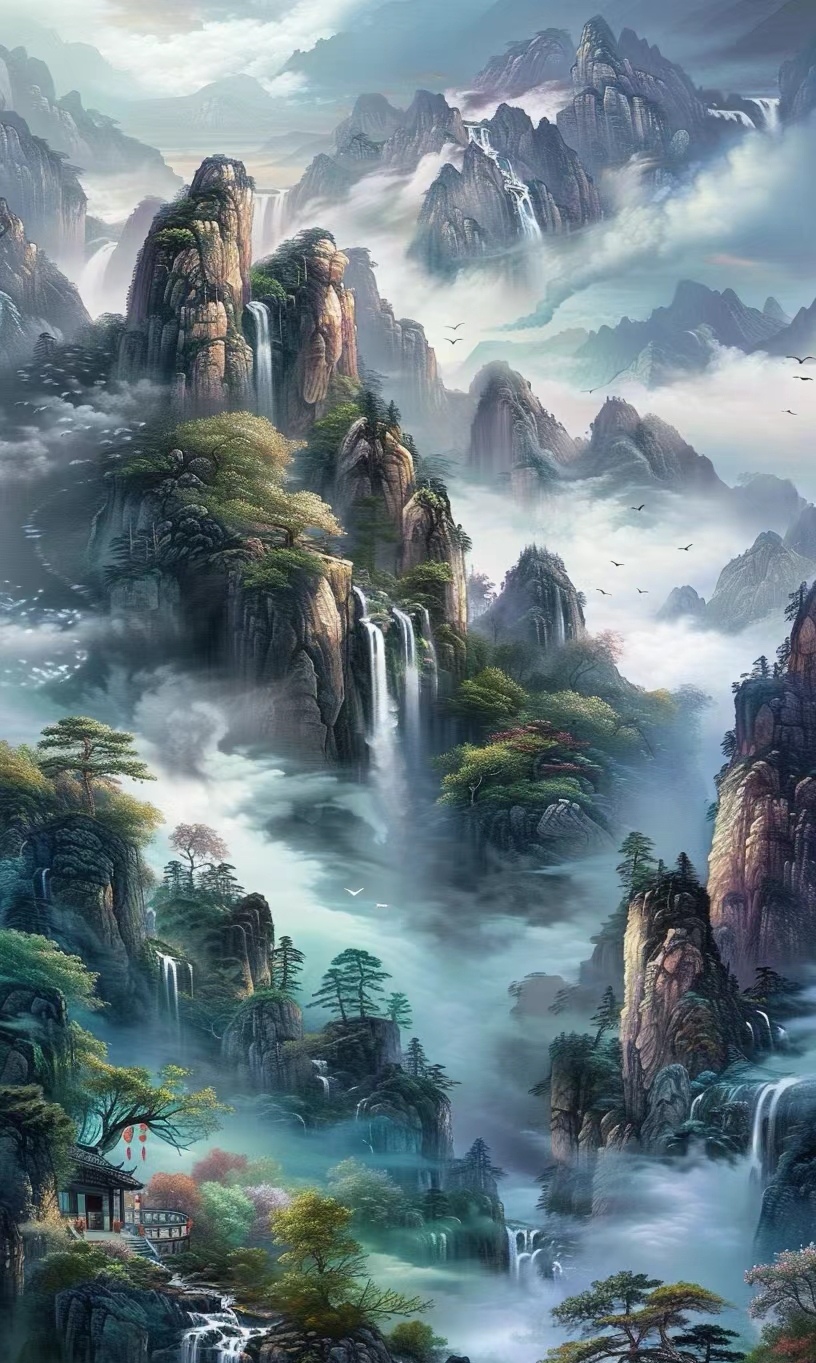 人间仙境,藏于深山瀑布间  在这幅中国风的山水画中,我仿佛置身于人间