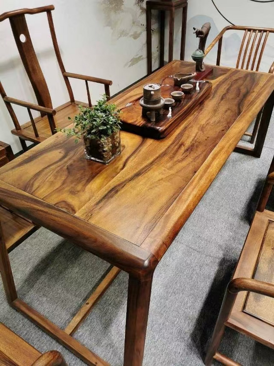 珠海橡木花旗木功夫实木茶台桌椅大板整木红木茶台桌椅厂