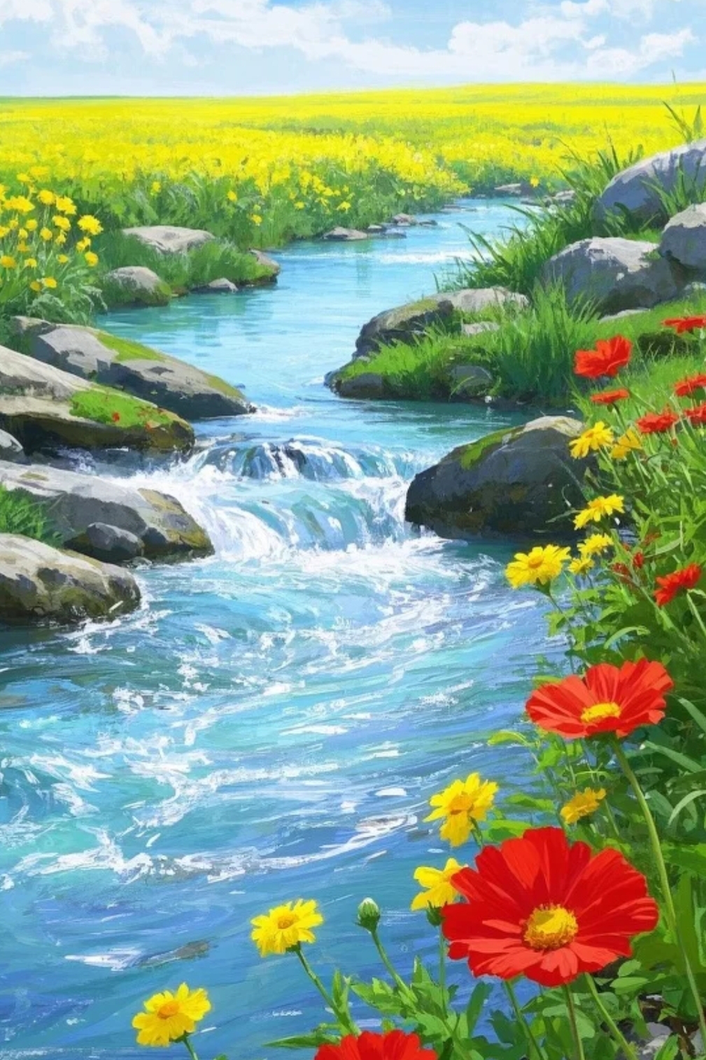 分享美图:看这色彩鲜艳的自然风景,阳光照耀着溪流,蓝天白云与五颜六