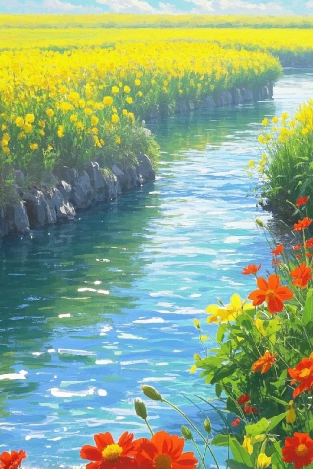 分享美图:看这色彩鲜艳的自然风景,阳光照耀着溪流,蓝天白云与五颜六