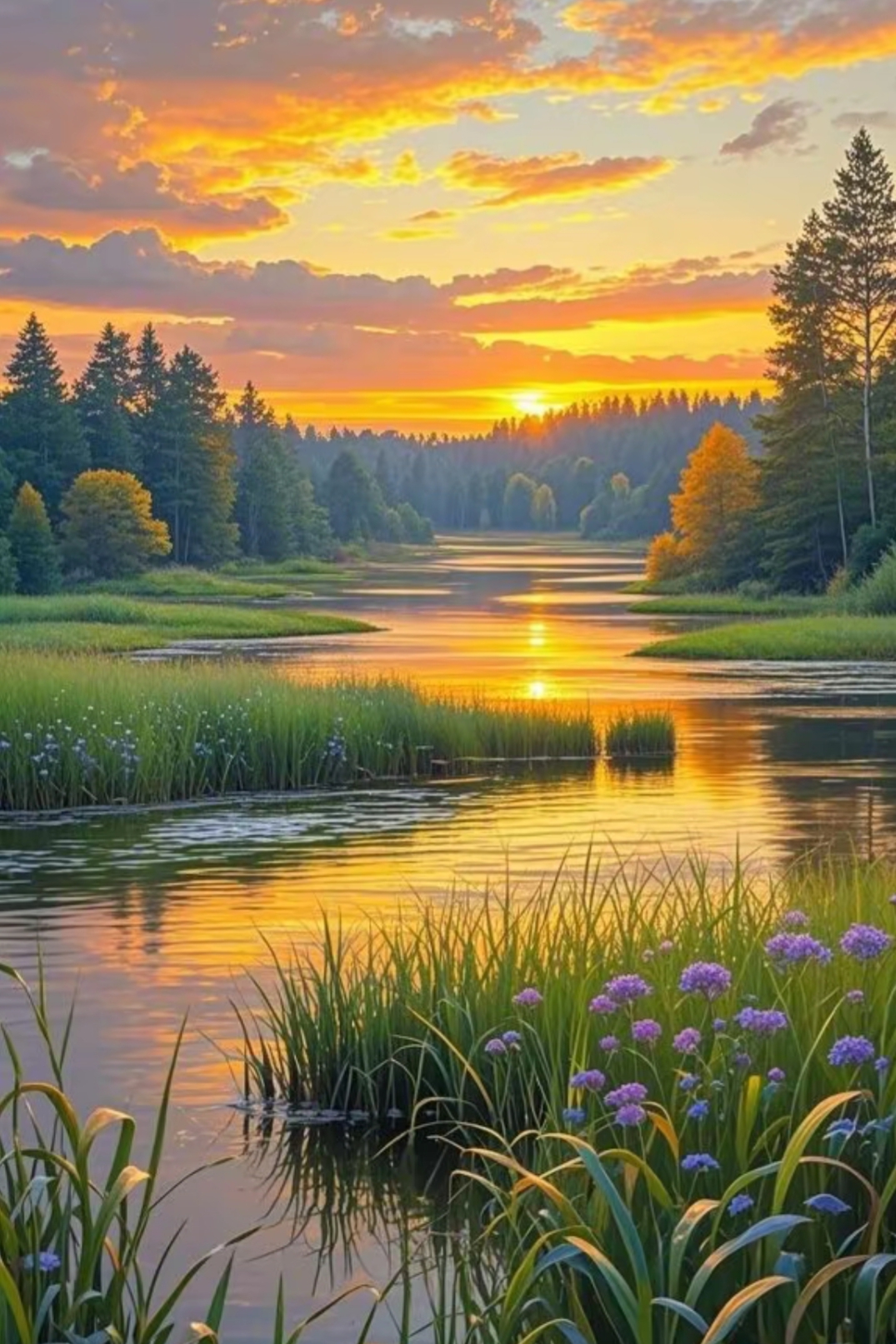 分享美图:看这色彩鲜艳的自然风景,阳光照耀着溪流,蓝天白云与五颜六