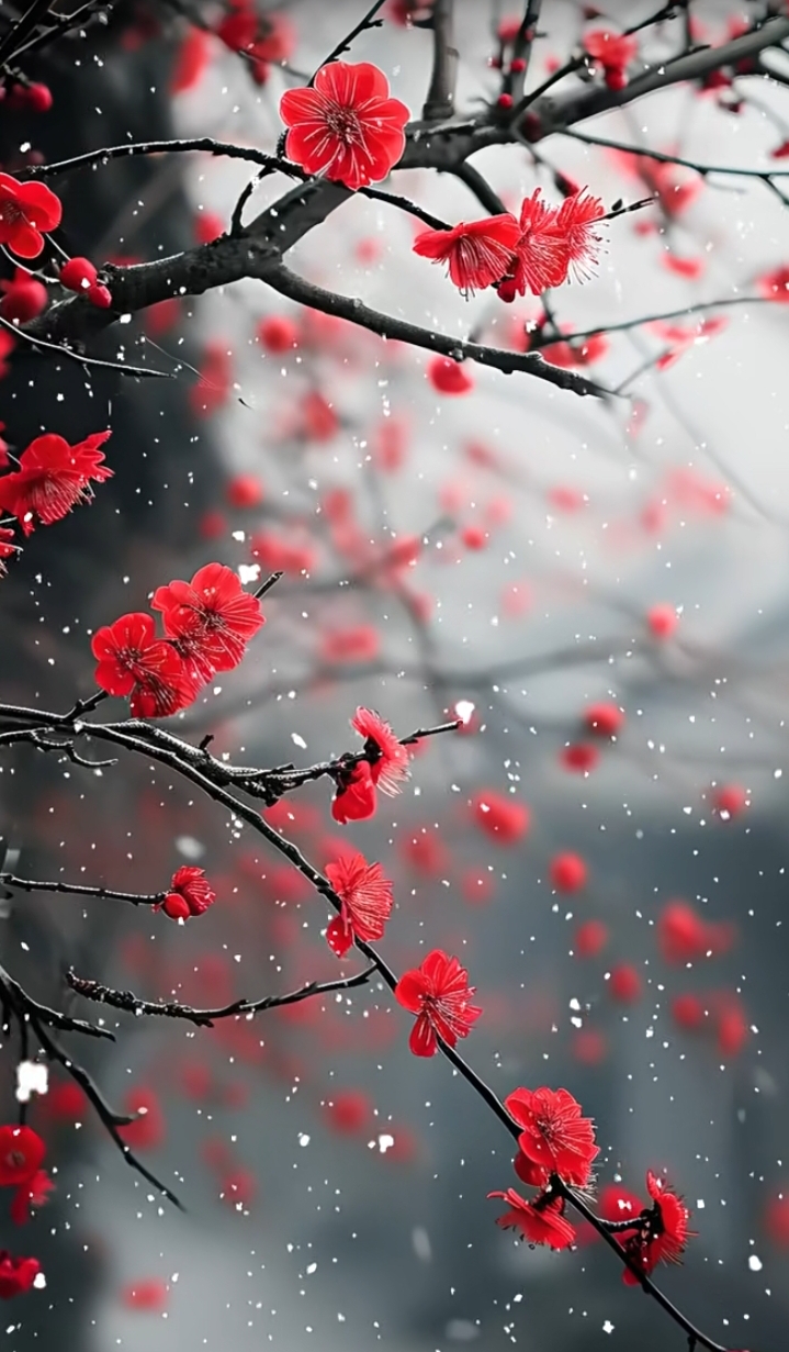 雪纷纷,梅花点点,千般风霜中沉寂