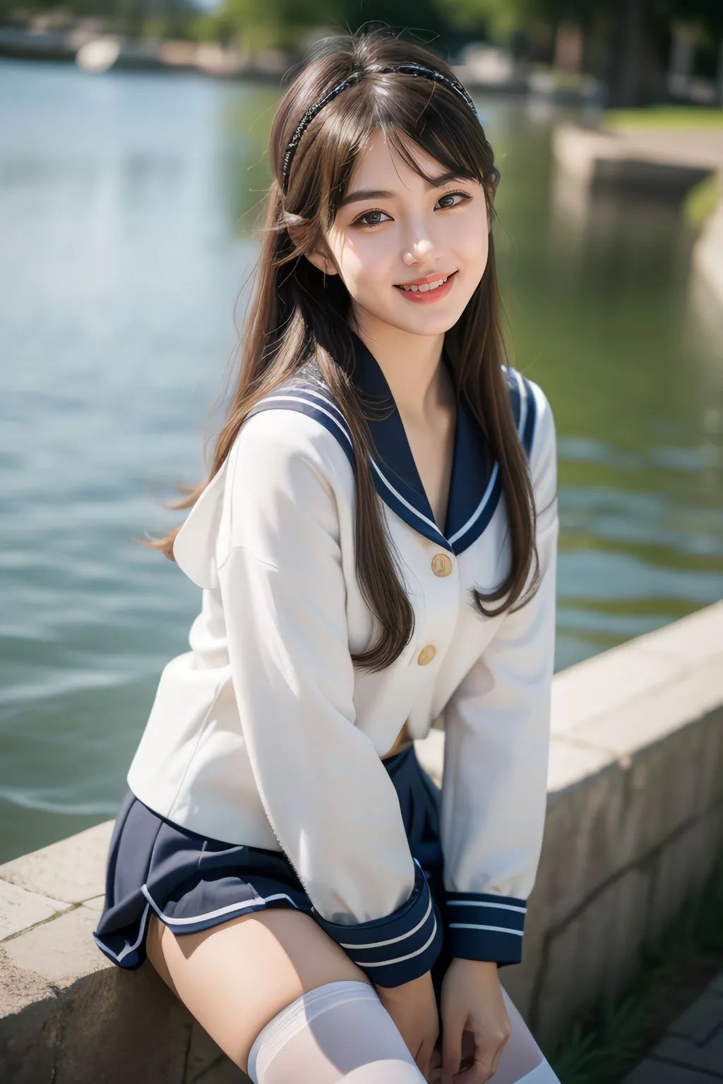 78这位小姐姐身穿蓝白相间的学生制服,水手服领子显得非常可爱,裙摆