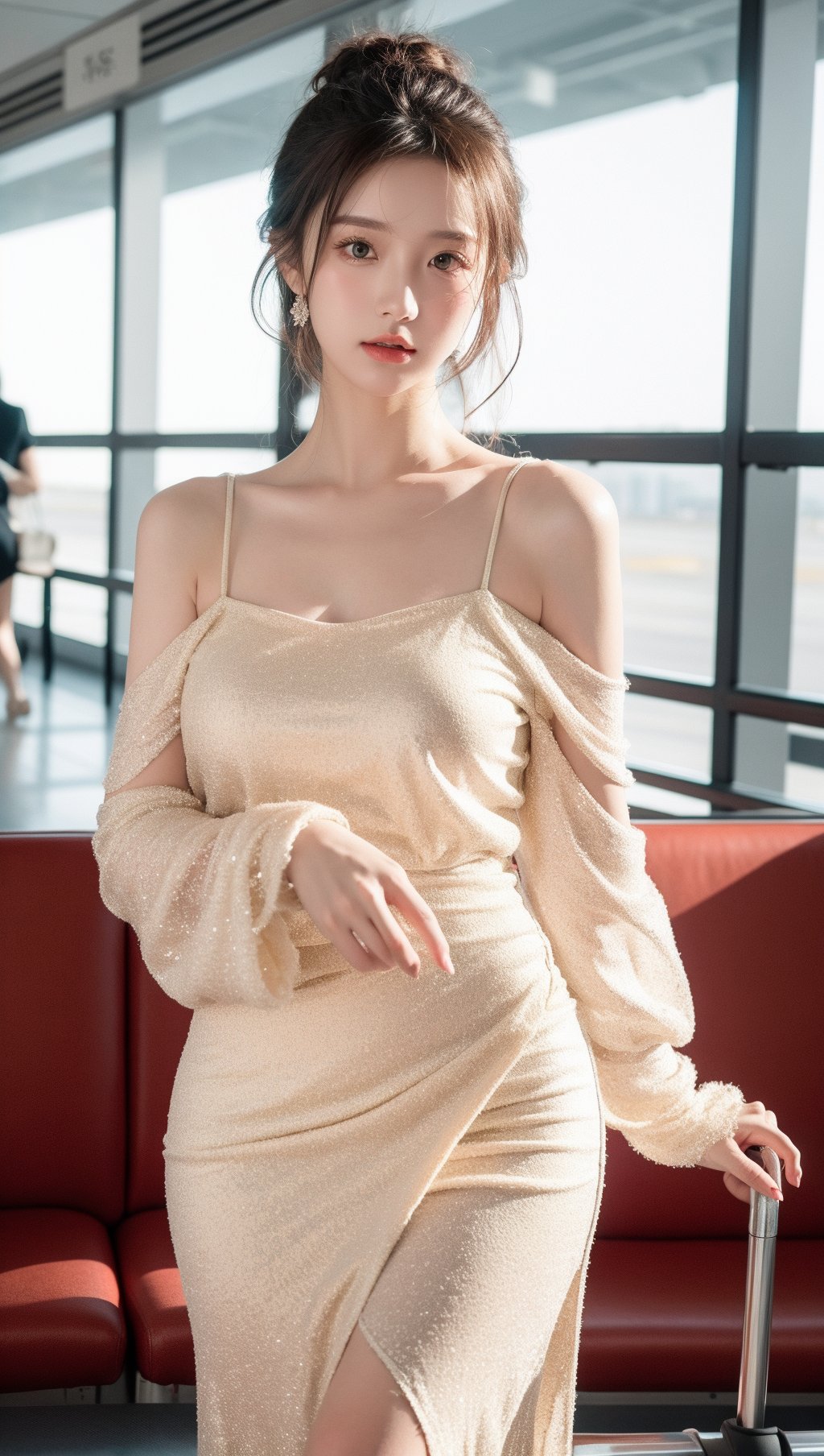 那是一位身穿金色露肩连衣裙的美女,丝绸般的材质在灯光下闪闪发亮