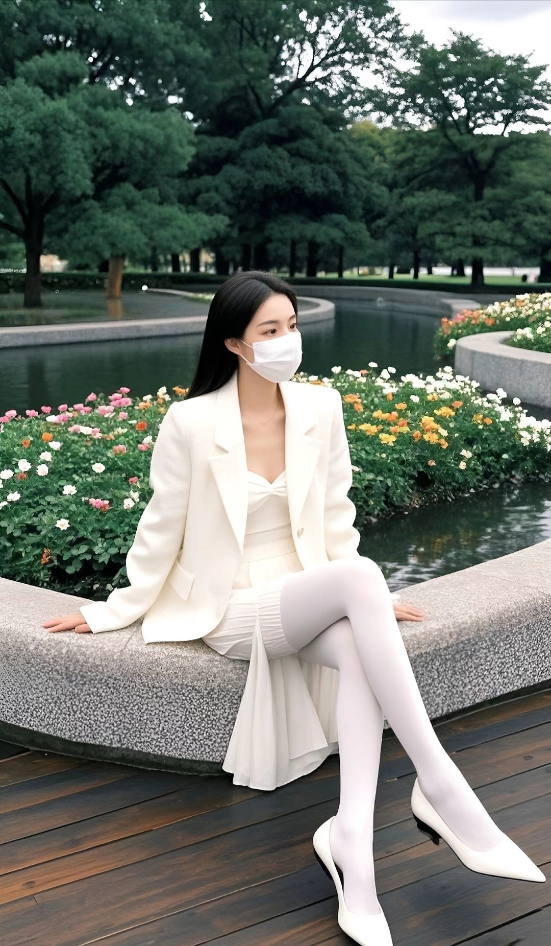 戴口罩的小姐姐坐在木桥上,腿真白,这公园的花也太美了吧!
