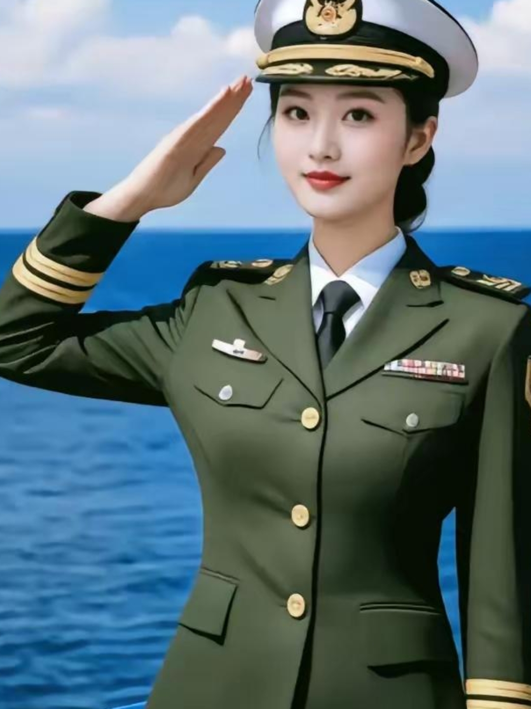 哇,这位小姐姐好飒,一身军装好有型,敬礼的样子太有范儿了,海景背景更
