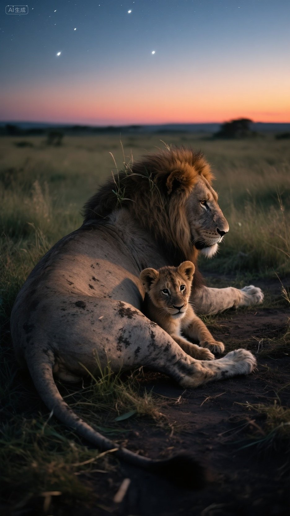 狮子父子温馨时刻,大手小手紧握,夜空下更显情深#aigc热点大赛