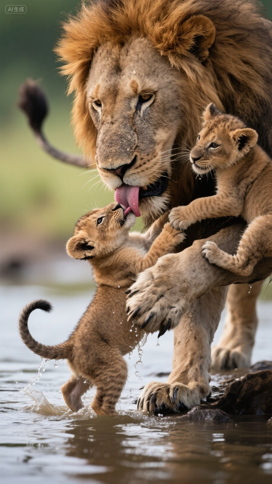 狮子爸爸和狮子宝宝在水中嬉戏,水花四溅,好温馨的父爱时刻#ai创作