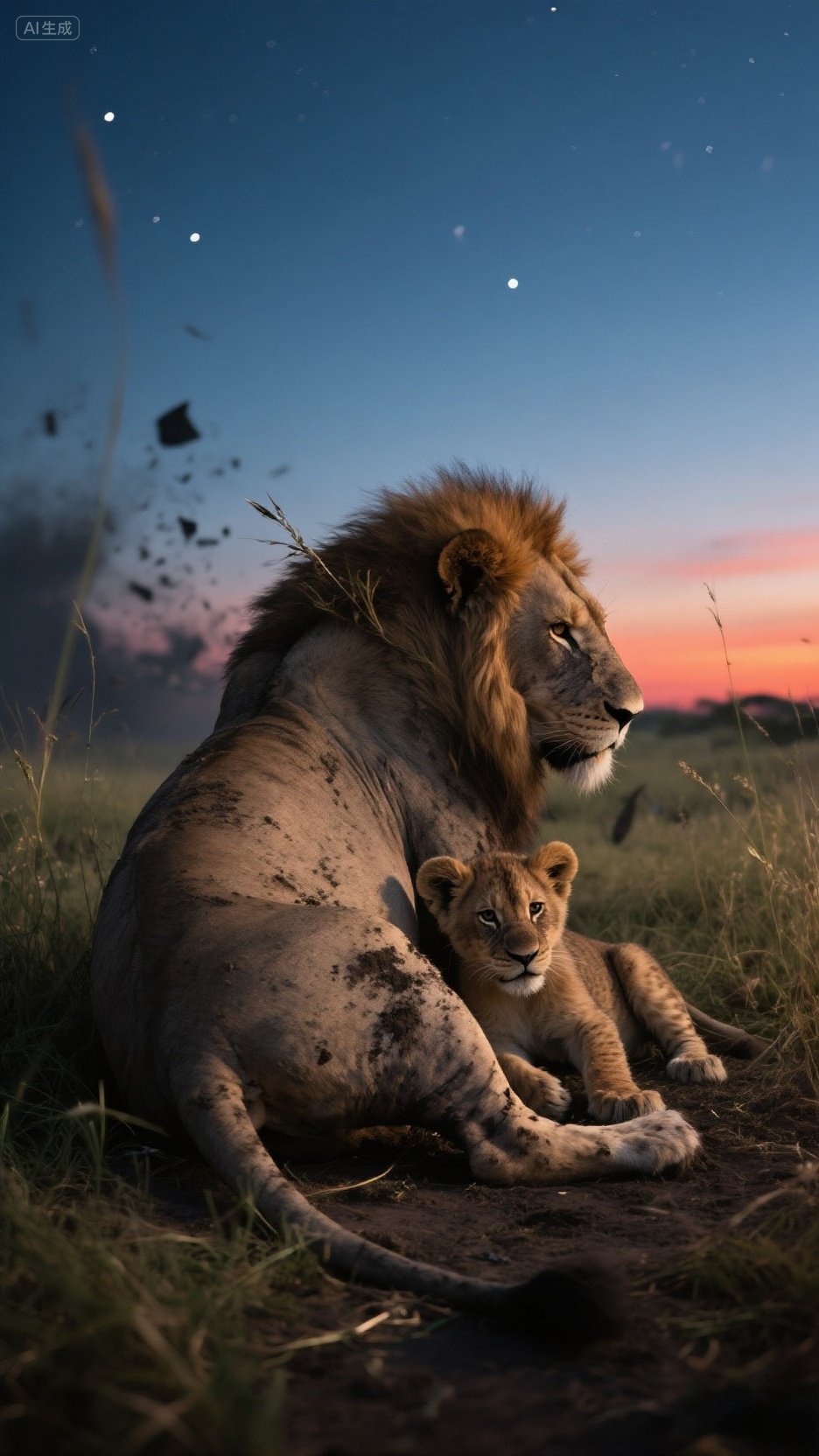 狮子父子温馨时刻,大手小手紧握,夜空下更显情深#aigc热点大赛
