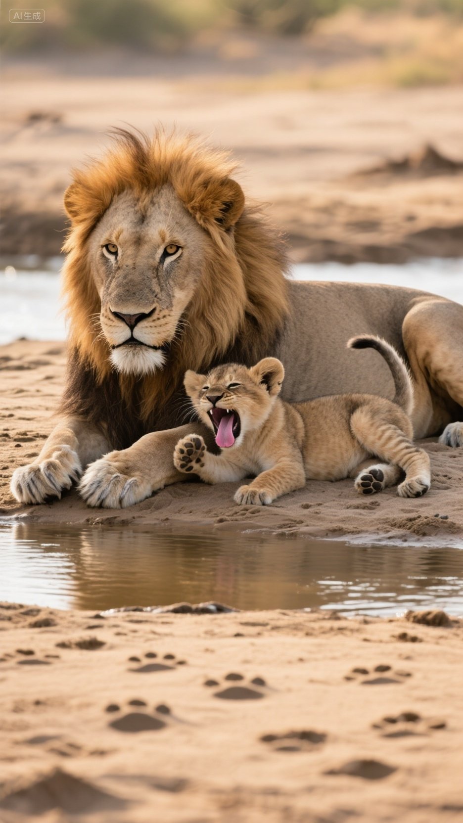 狮子父子沙地里的欢乐时光,萌翻了!