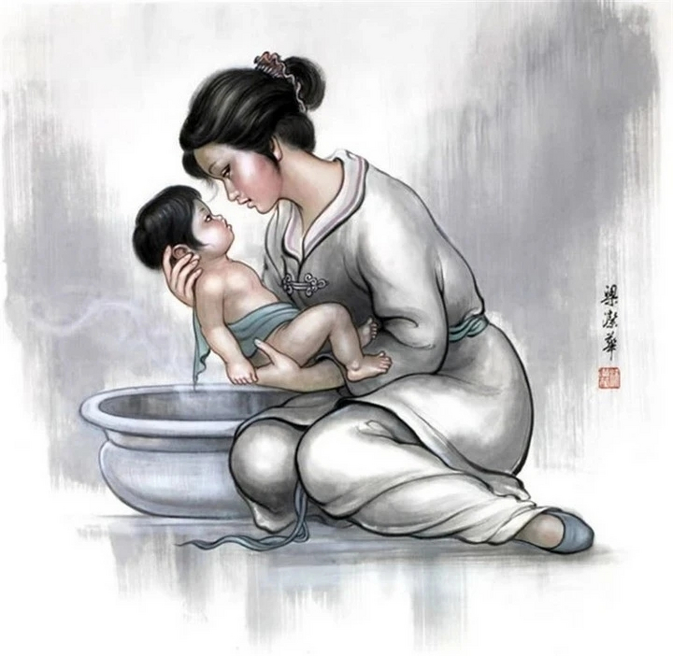 母亲节# #津门网# 国画《母爱》——致敬天下母亲!(梁洁华)