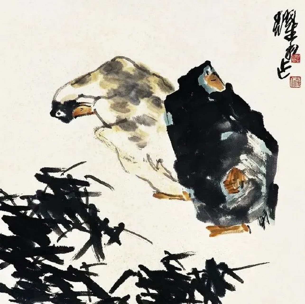 津门网# 沈耀初大写意花鸟画造型简约,笔墨凝重,磅礴大气,是中国淮篌