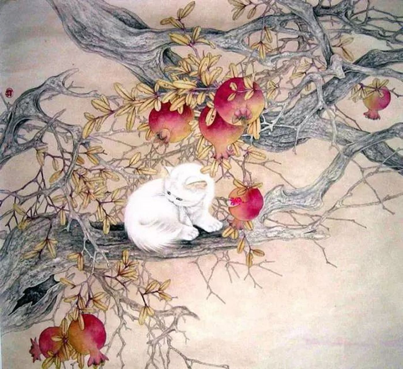 津门网# 梁纪在工笔花鸟世界中,对岭南佳果荔枝最为喜爱.