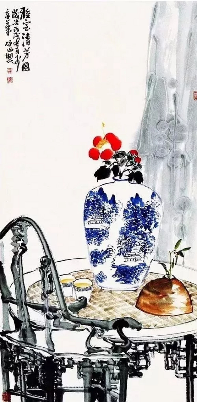 这是中国国家博物馆书画研究创作中心画家马硕山笔下的一组青花瓷国画