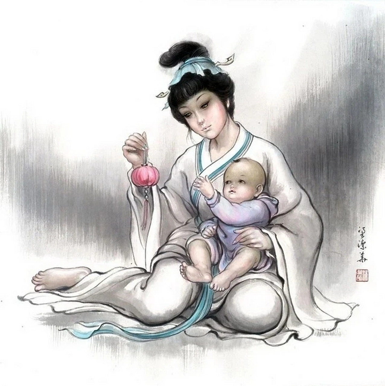 母亲节# #津门网# 国画《母爱》——致敬天下母亲!(梁洁华)