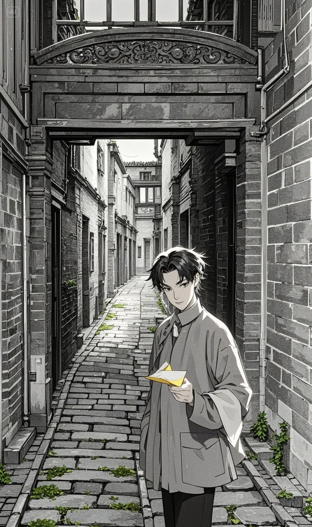 旧巷中的民国儒雅身影 正文:他身着一袭长衫,款式简洁大方,盘扣整齐