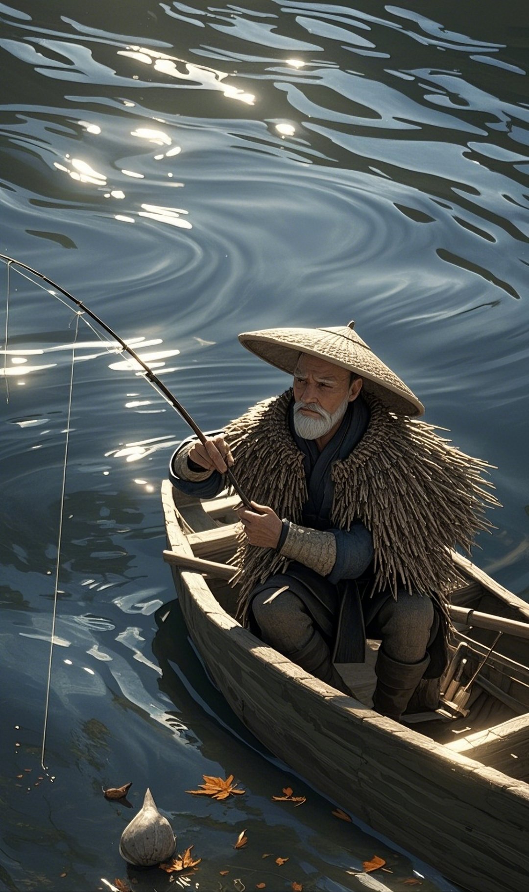 他手持钓竿,专注于江面,周遭水波荡漾,落叶漂浮,阳