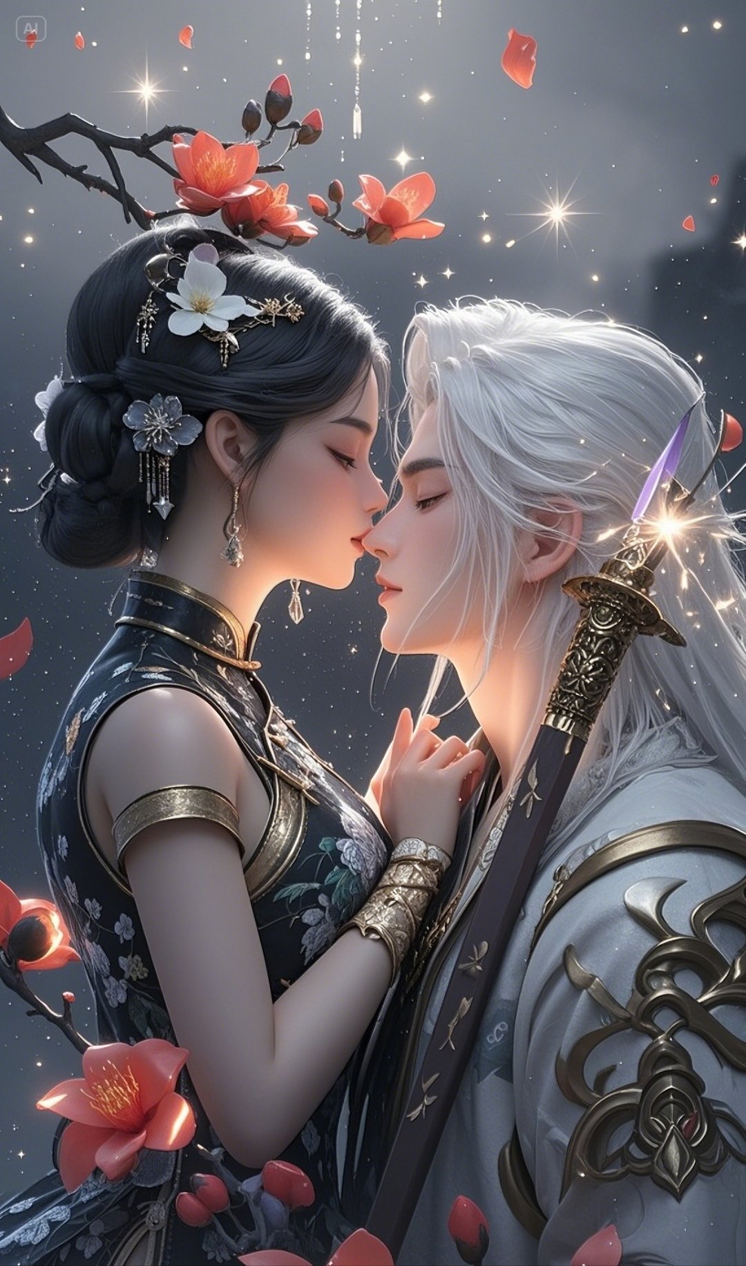 古风仙侠之恋,繁花星雨中的深情一吻 正文:身着精致古风服饰的男女,在