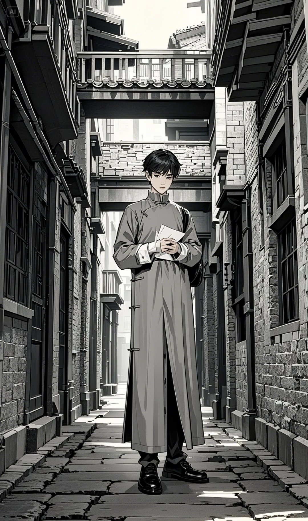 旧巷中的民国儒雅身影 正文:他身着一袭长衫,款式简洁大方,盘扣整齐