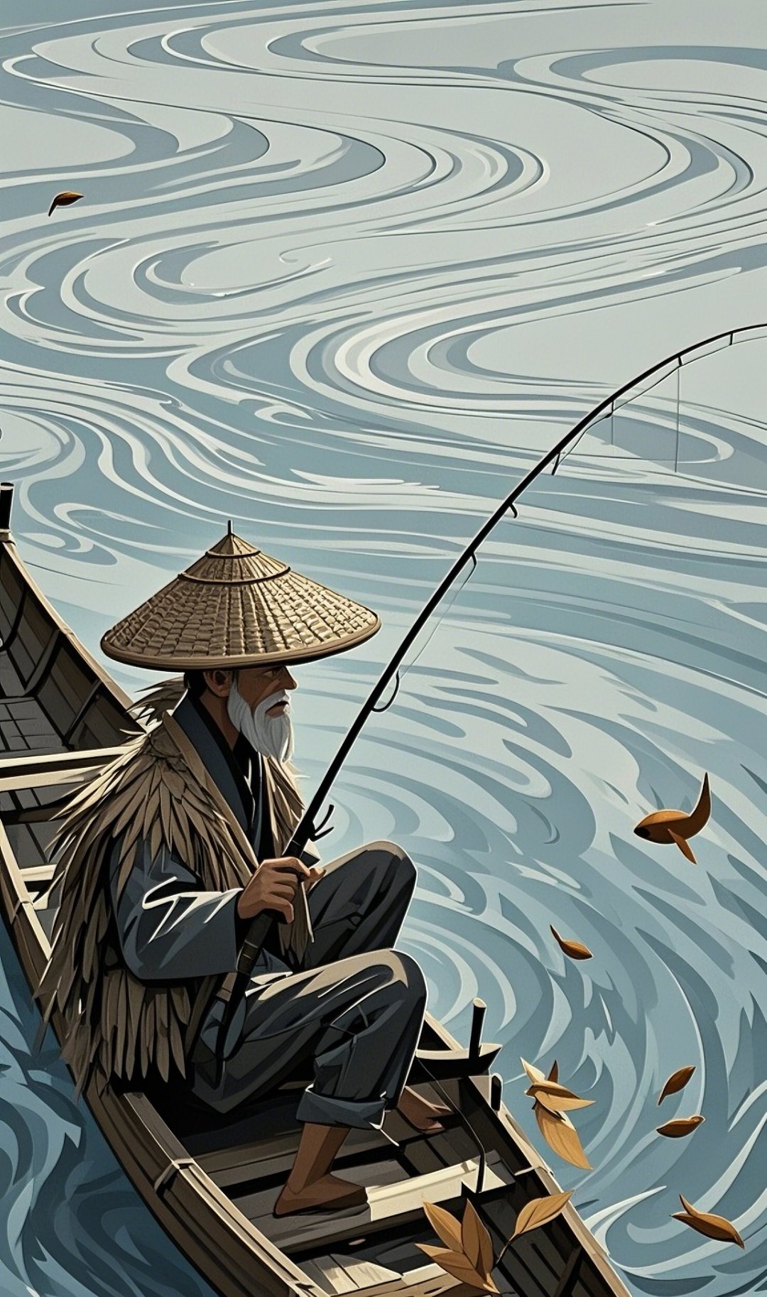 渔夫帆船江上垂钓穿蓑衣戴斗笠渔翁图片斗笠蓑衣老翁钓鱼图片钓秋风