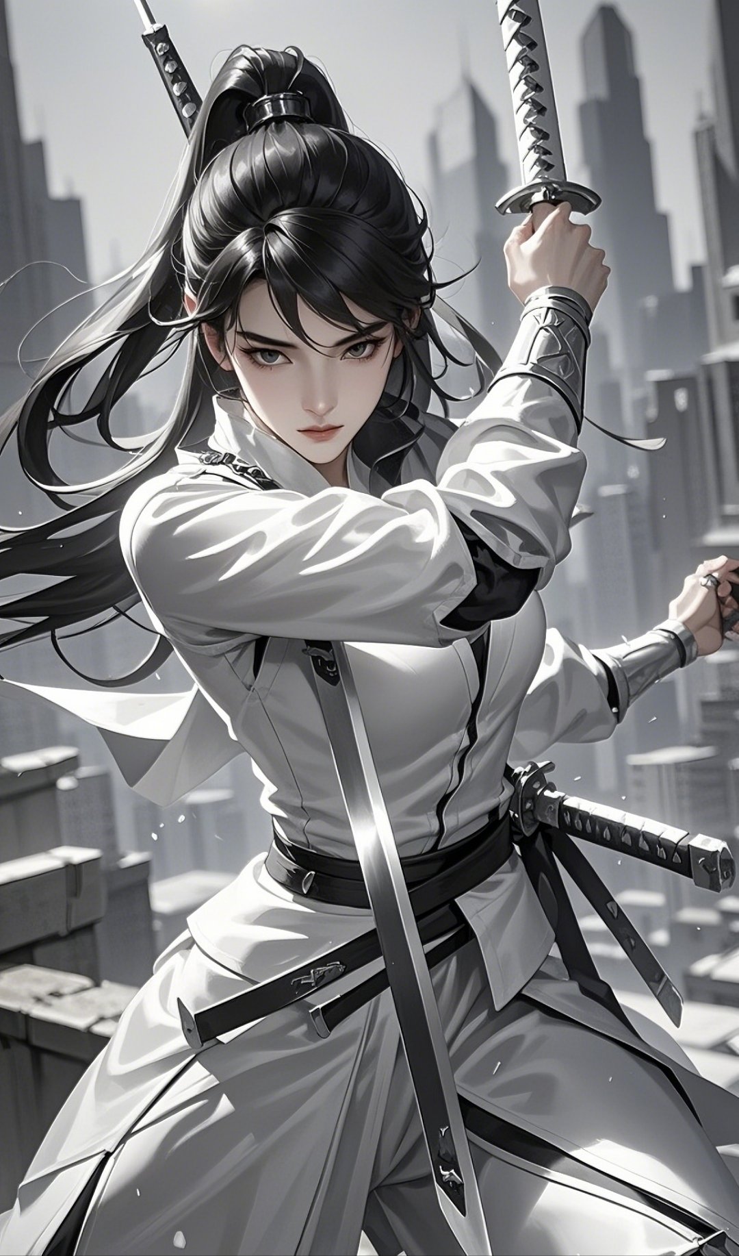 标题:飒爽女侠,都市高楼间的剑影风姿 正文:她一袭白衣,长发高高束起