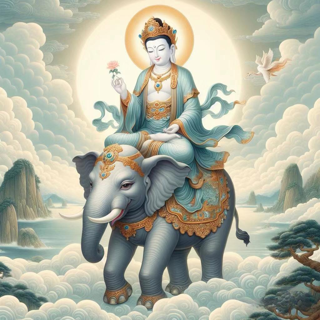 我发现了这尊观音菩萨坐在大象上的雕塑,它象征着智慧与力量的结合