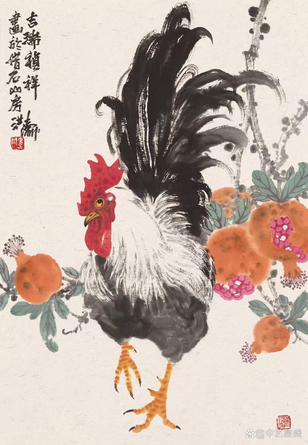 瞧,这一组国画大公鸡,雄赳赳气昂昂,姿态潇洒,笔触细腻,色彩鲜明,仿佛