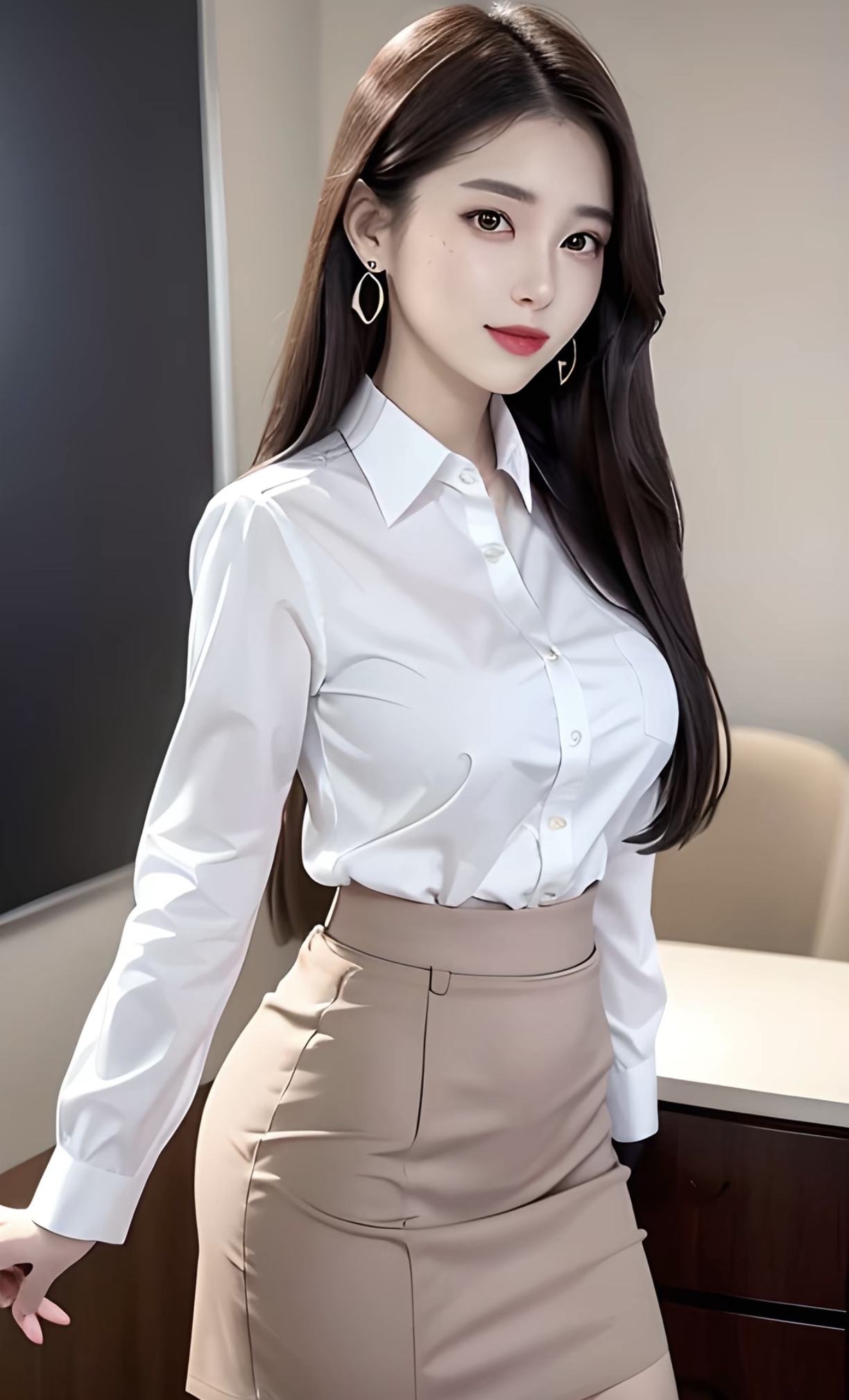 她的站姿优雅得体,一只手轻抚大腿,另一只手自然下垂,展现出从容自信