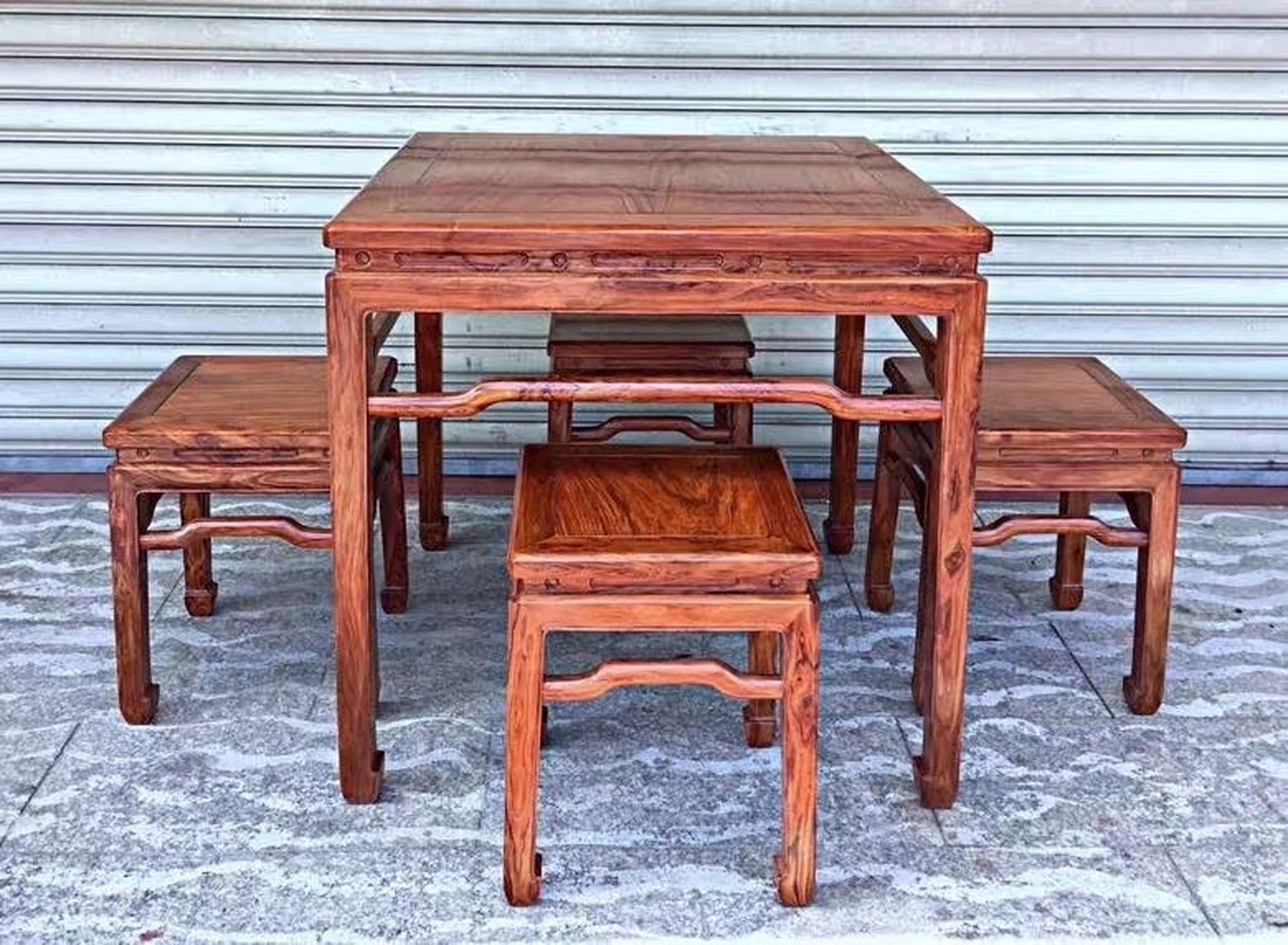 海南黄花梨 休闲八仙桌 《五件套》  老料大规格面板 坐板 爆满虎皮纹