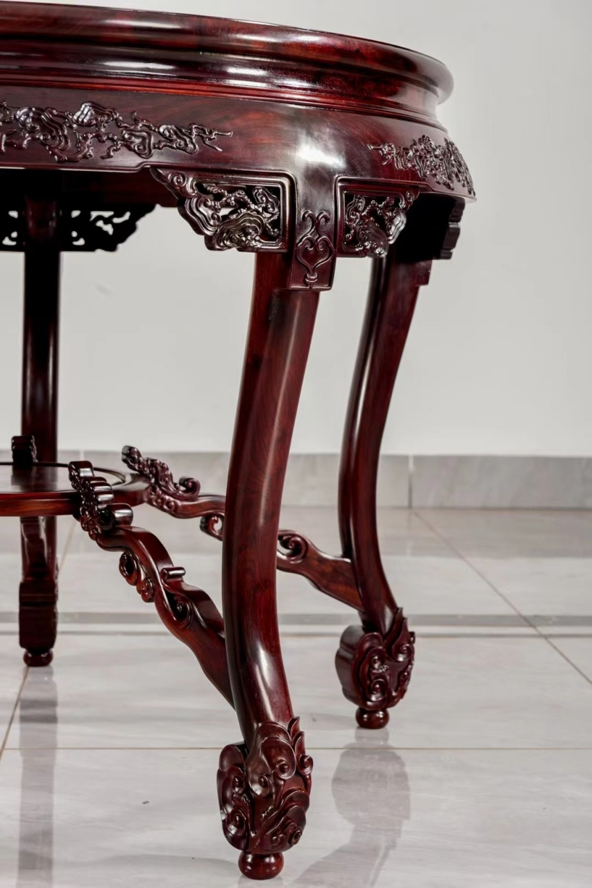 檀香紫檀(印度小叶紫檀)祥云圆鼓桌六件套,尺寸:桌子98/98/80,凳38/38