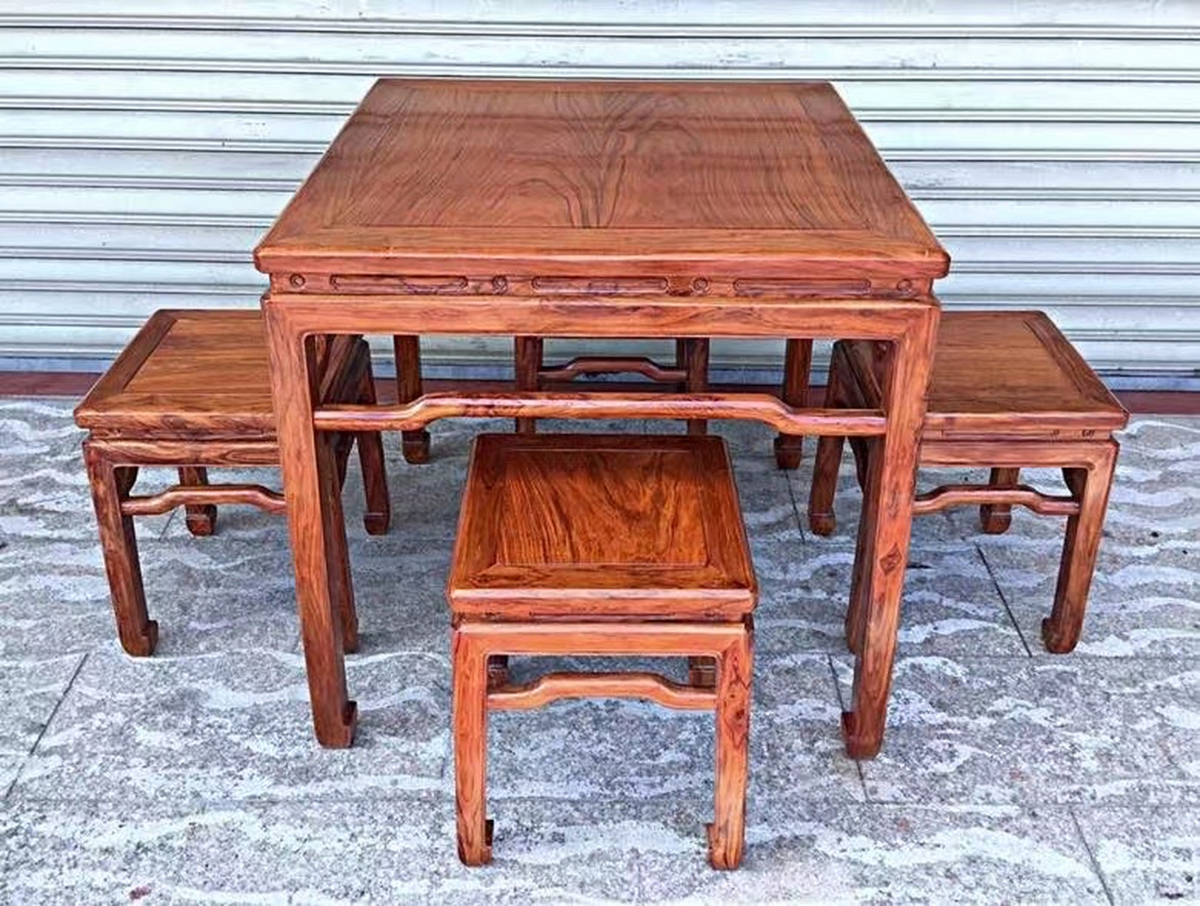 海南黄花梨 休闲八仙桌 《五件套》  老料大规格面板 坐板 爆满虎皮纹