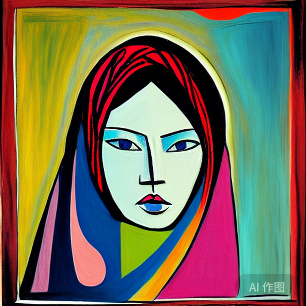 毕加索画风,抽象,五官扭曲,人物刻画,现代画风,色彩鲜艳.