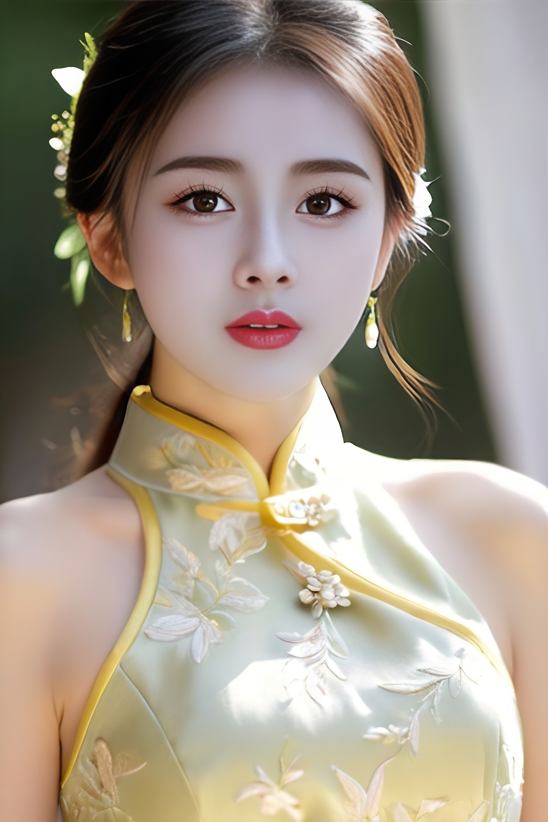 9596  在熙熙攘攘的人群中,我邂逅了一位穿着黄色旗袍的年轻女子.