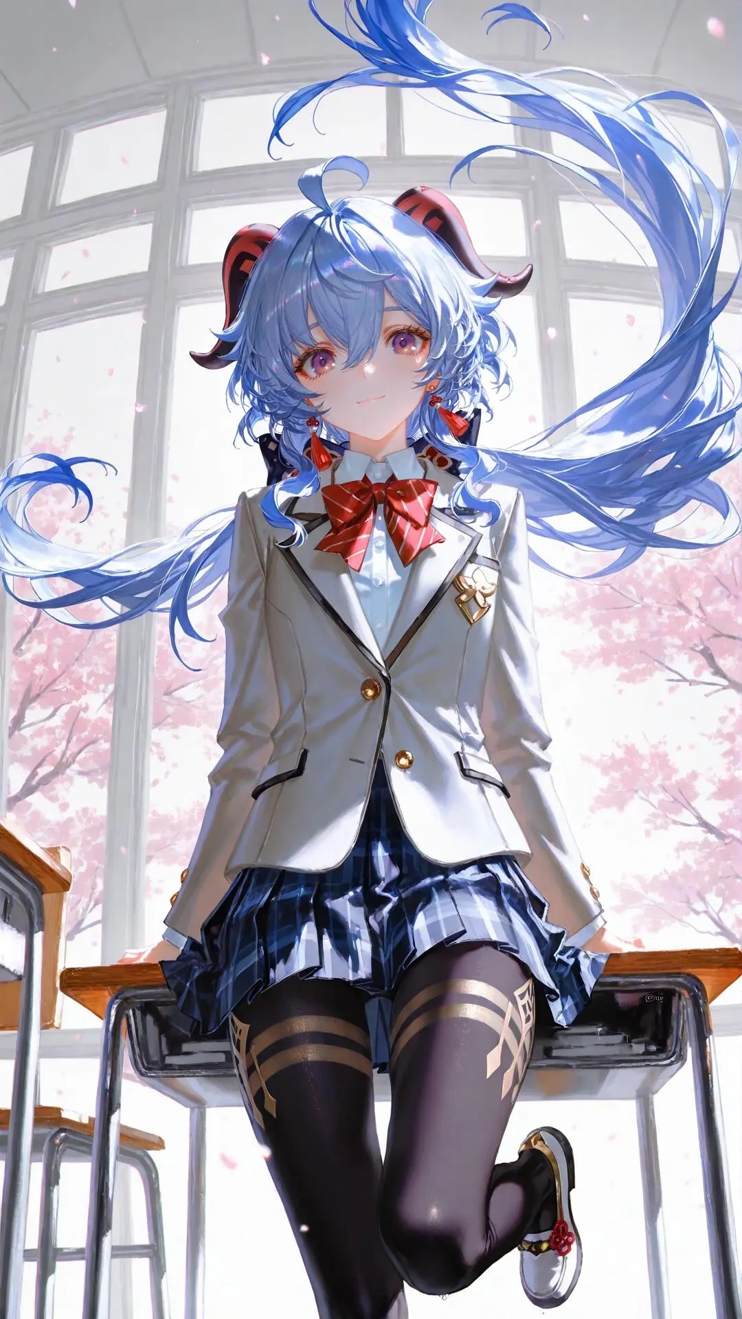 哇,教室里的小可爱,蓝发萌妹纸,坐姿好端正,腿长真吸睛!