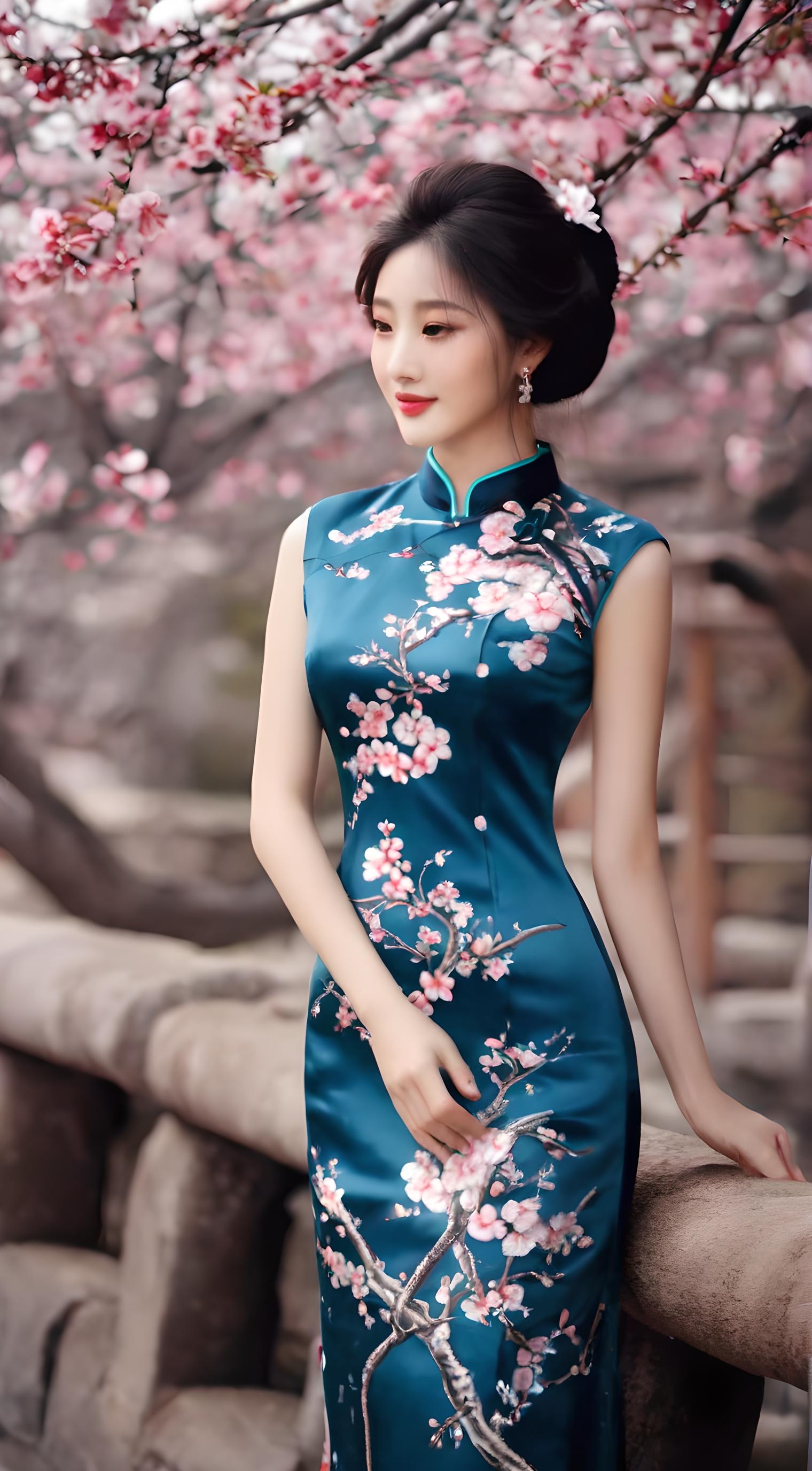 图中这位年轻女子,一袭粉色旗袍,婉约又妩媚.