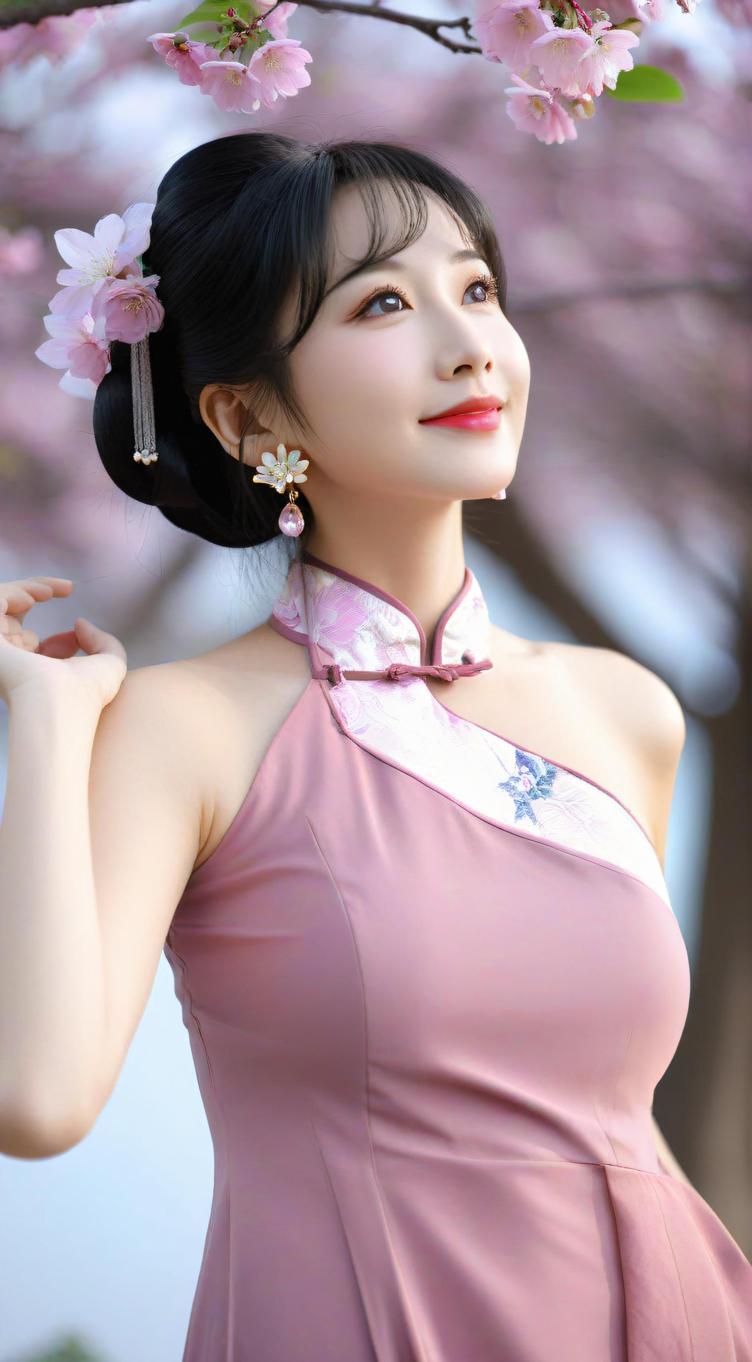 她如诗如画,精致妆容,简约发髻,佩戴粉色花朵与珍珠耳环,尽显温婉气质