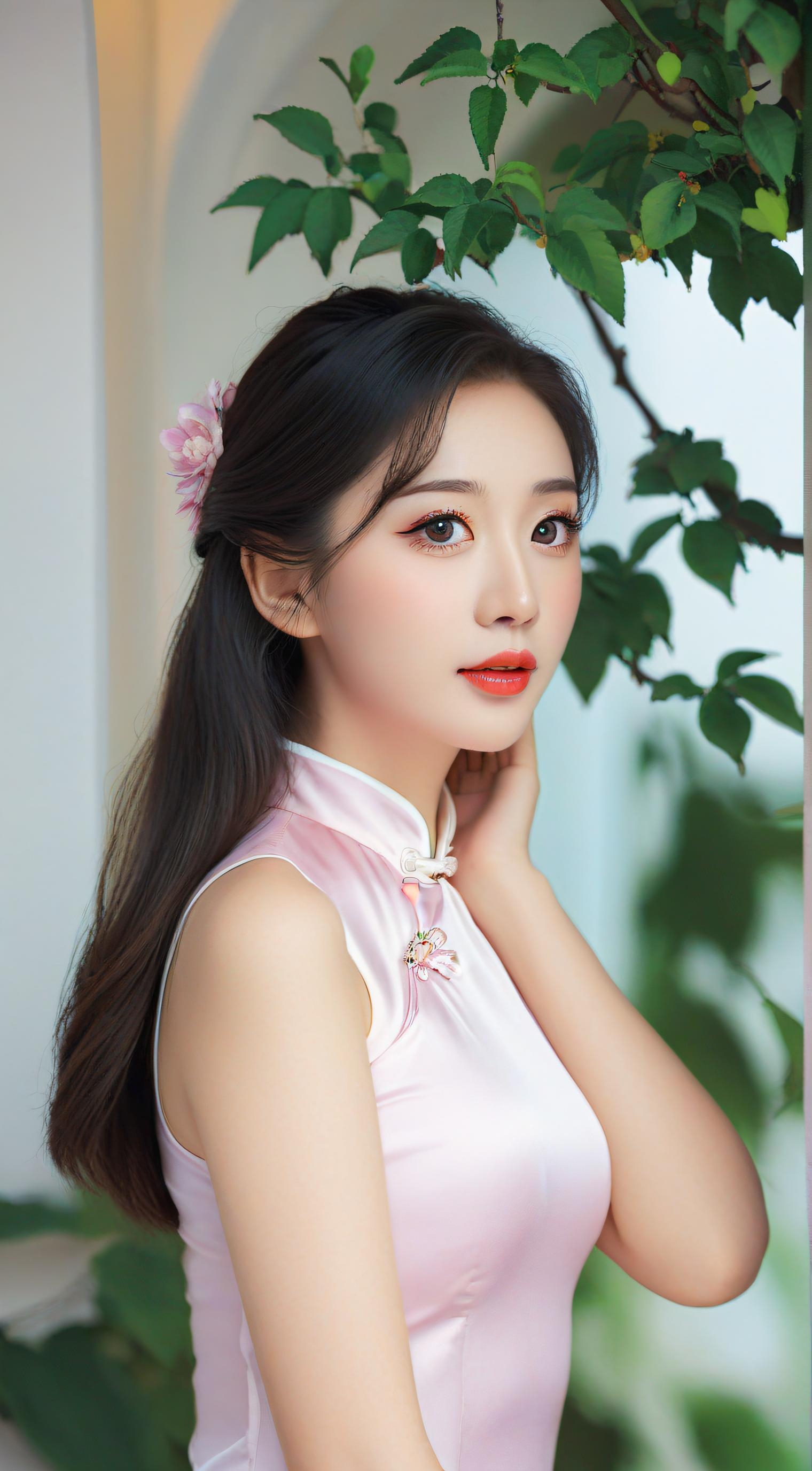 一袭传统旗袍,白色花朵绣于其上,宛如春日里的淡雅诗行.