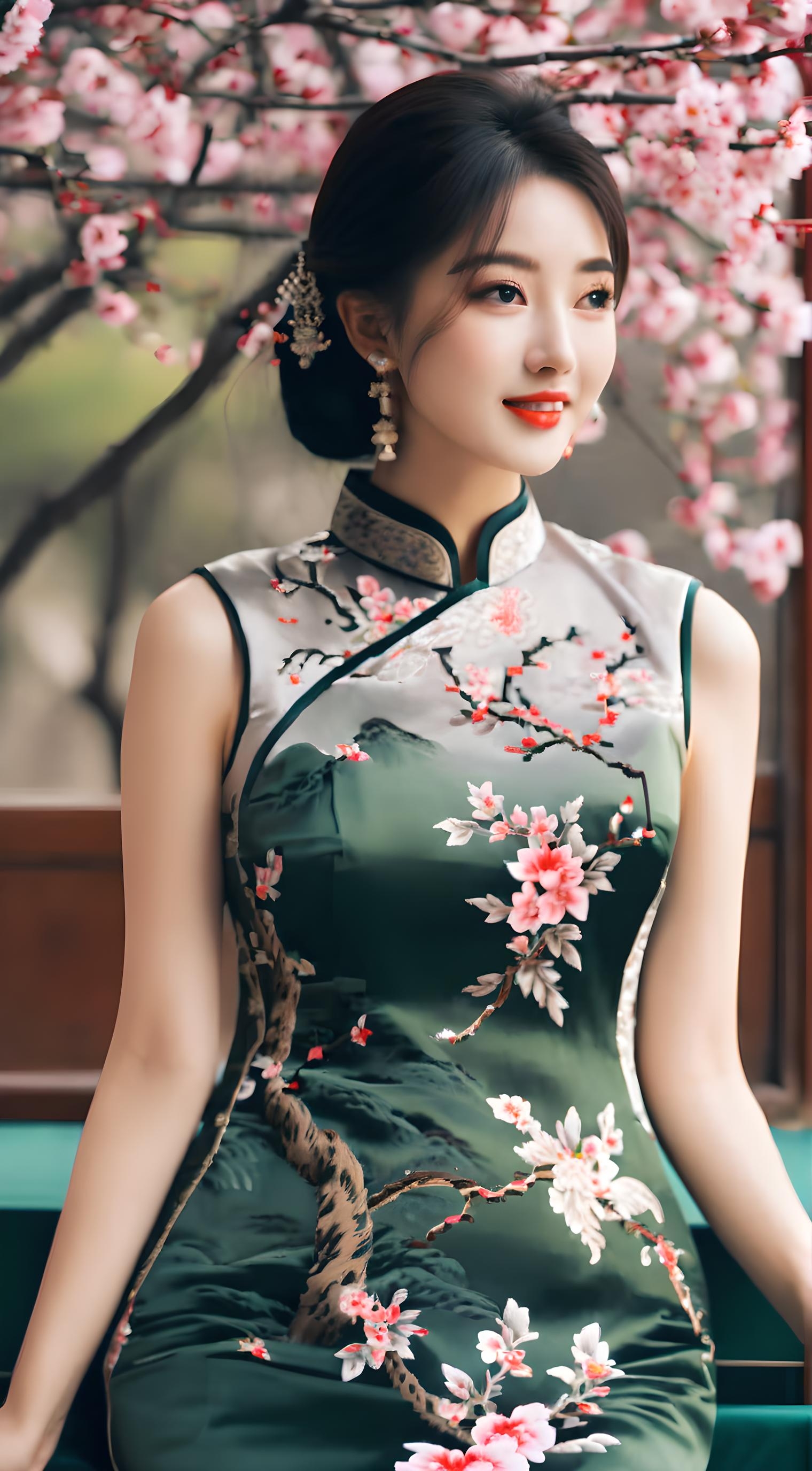 一袭粉色旗袍,低胸开襟,似一朵含苞待放的桃花,悄然绽放其妖娆.