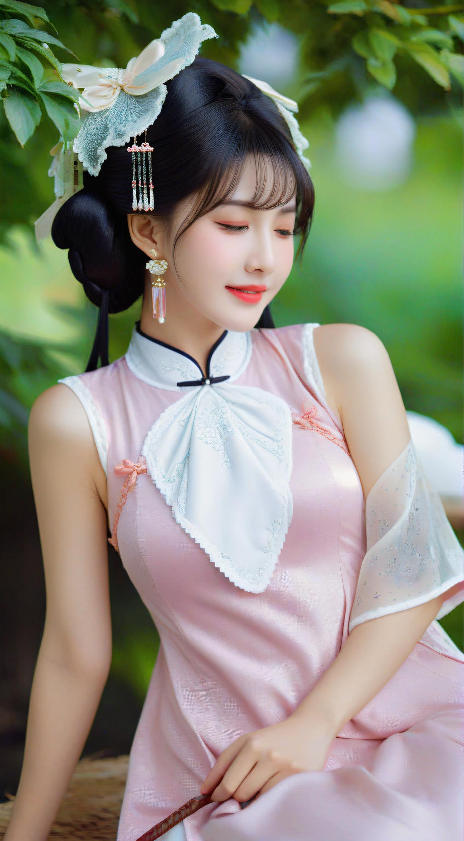 她如诗如画,精致妆容,简约发髻,佩戴粉色花朵与珍珠耳环,尽显温婉气质