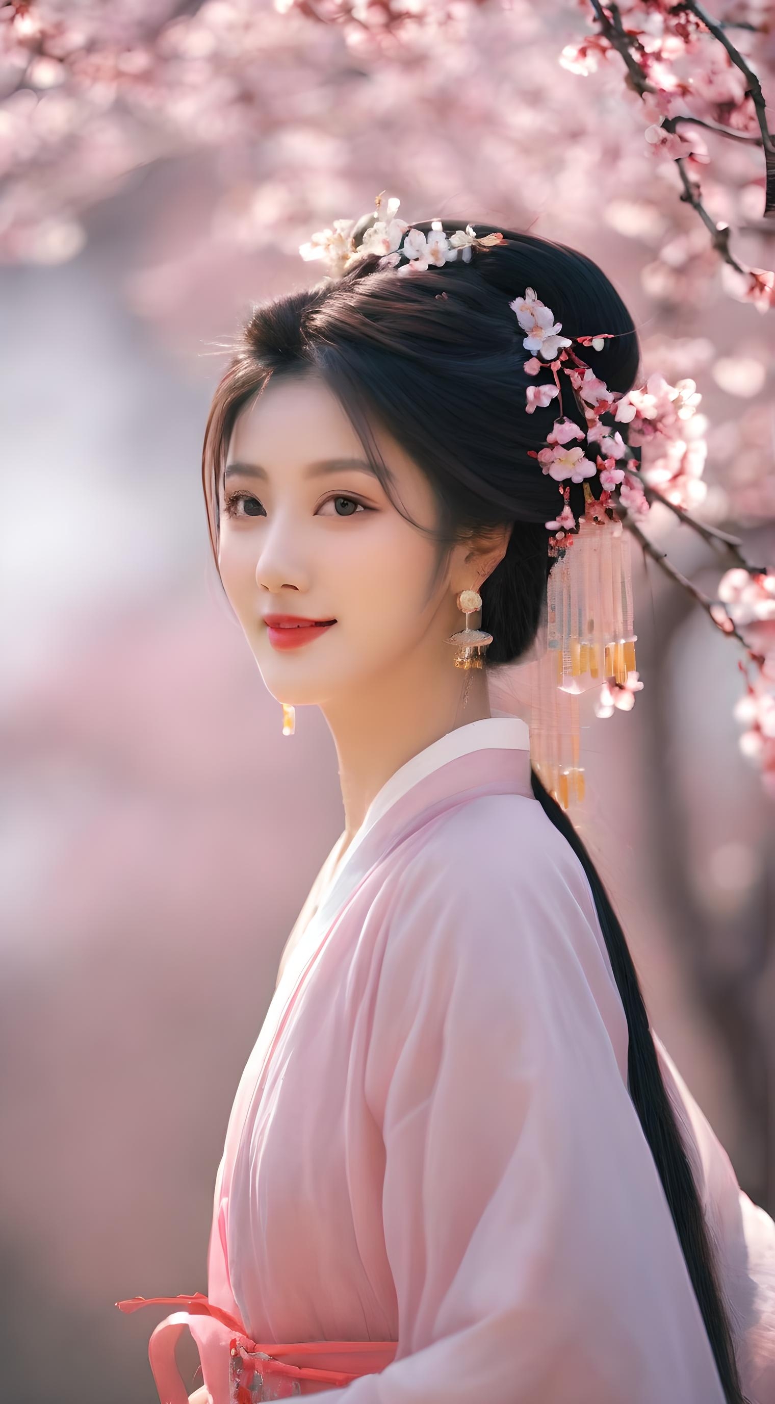 春风吹过,樱花如雨,一位古装女子站在树下,仿佛画中走出.