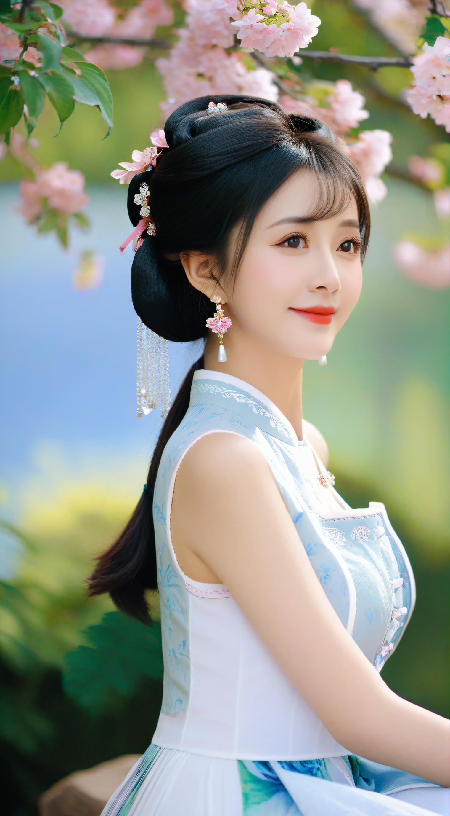 她如诗如画,精致妆容,简约发髻,佩戴粉色花朵与珍珠耳环,尽显温婉气质