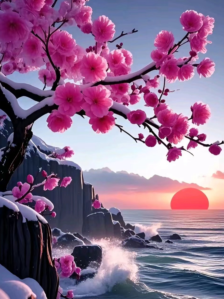 梅花香自苦寒来#太阳缓缓的上升,红红的光芒万丈照耀着梅花,樱花,看着