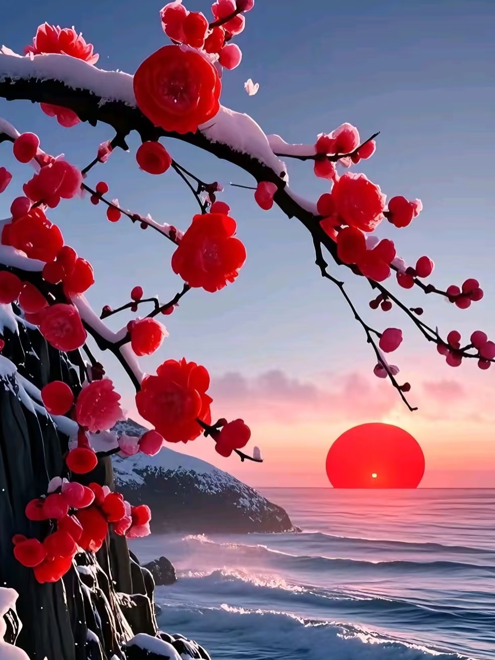 这风景太美了吧!你看红梅花与太阳闪闪发光哦!