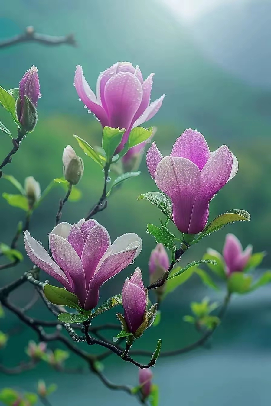 漂亮的紫玉兰花图片 雨后的玉兰花图片 收藏使用吧